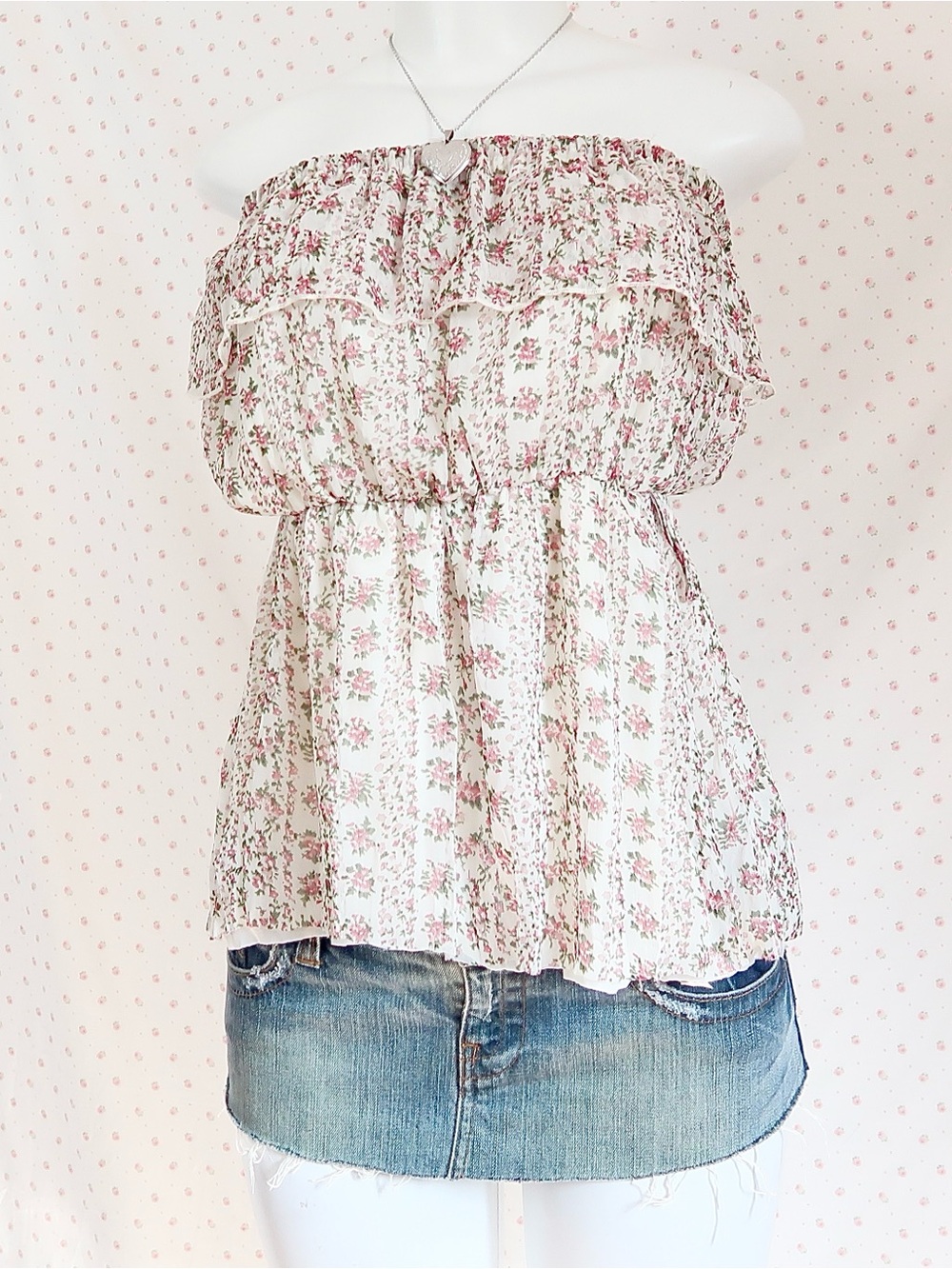 UK2LA Strapless Floral Ruffle Camisole in Cream and Pink
